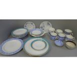 A collection of early Royal Worcester plates, cups and saucers, blue colourways, several patterns (