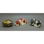 Three Royal Crown Derby paperweights, Misty and Puppy, Exclusives for the Royal Crown Derby