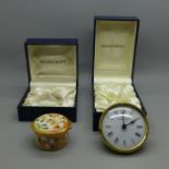 A Moorcroft enamel circular box, circular box with clock and a Moorcroft clock dial and movement,