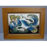 A Moorcroft picture tile, two Blue Birds, signed Philip Gibson, framed