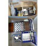 A box of cased flatware, a travel chess set, a/f, and a vase **PLEASE NOTE THIS LOT IS NOT