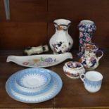 A collection of mixed china including Royal Worcester, Poole, Masons and a Beswick cat