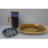 An Alan Frewin glazed dish, Norwegian glazed jug and one other studio pottery dish