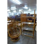 A bamboo and glass shelved four tier whatnot a revolving chair