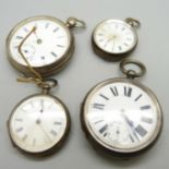 Two silver pocket watches and two silver fob watches