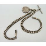 A silver double Albert watch chain with Victorian silver coin fob, 71g, 40cm