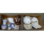 Two boxes of Victorian and later china, a bargeware teapot, a/f, Royal Crown Derby jug with staple