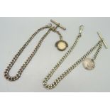 A silver Albert watch chain, 43g, fob a/f, and one other Albert chain