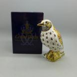 A Royal Crown Derby paperweight, Song Thrush, 11cm, gold stopper and red Royal Crown Derby stamp