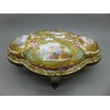 A continental porcelain and gilt metal box, transfer printed and hand painted vignettes, lid