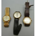 A 9ct gold cased Benson wristwatch with inscription on the case back dated 1969 and two other