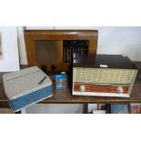 A vintage walnut Pye radio and two others