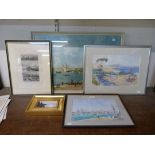 Two watercolours, an oil and two prints