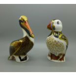 Two Royal Crown Derby Sea Bird paperweights, Puffin and Brown Pelican, both 13cm high, silver