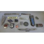 A collection of car badges including Mini, Thunderbird, Jaguar, Riley, etc.