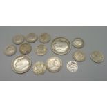 Fourteen coins; an Edward I coin, three George V and ten George VI, (5 post 1946)
