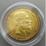 A Belgian Leopold II 20 Francs gold coin, 1876, .900 purity, 6.451g