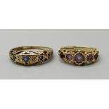 Two 9ct gold rings; one amethyst set, 2.5g, J, and one set with sapphires and diamonds, 2.2g, P
