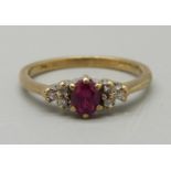 A 9ct gold, diamond and ruby ring, 1.8g, L