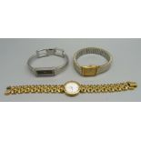Two Raymond Weil wristwatches and a lady's Gucci wristwatch, (circular watch case back a/f)