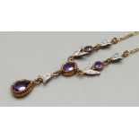 A 9ct gold, amethyst and diamond necklet, 3.2g