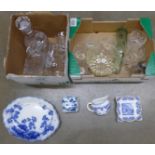 Two boxes of mixed glassware and four pieces of blue and white china **PLEASE NOTE THIS LOT IS NOT
