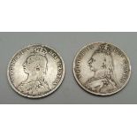 Two Victorian silver half crowns, 1887 and 1888