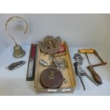 Assorted items, a bell, tape measure, Marstons bottle opener, pocket knife, etc.