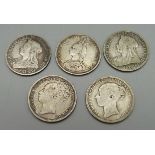 Five Victorian shillings, three veiled head 1887, 1899 and 1900 and two bun heads 1873 and 1878