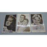 Three autographed postcards Maureen O'Hara, Janette Scott and Dolores Costello