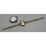A lady's silver wristwatch and a silver and enamel wristwatch, enamel a/f