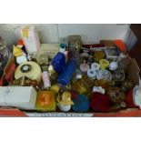 A collection of perfumes, talcum, soaps including novelty cricket ball soap on a rope, a set of
