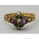 A Victorian 15ct gold, multi-gem set ring, Birmingham 1867, 1.3g, Q, with a vintage box