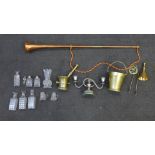 Assorted items including brass pestle and mortar and a hunting horn