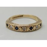 A 9ct gold, diamond and sapphire, maker L.W., Birmingham 1978, 2.4g, N