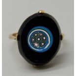 A 9ct gold, onyx and millefiori ring, 3.1g, O