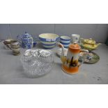 China and glass including T.G. Green, bowl a/f, a Myott teapot, a small studio vase, an Aynsley vase