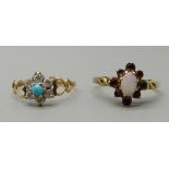 Two 9ct gold cluster rings, one set with garnets and opal, 1.9g, Q, one set with turquoise and white
