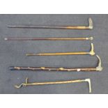 Five walking canes including two with silver collars, dog a/f
