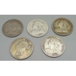 Five Victorian half crowns, two bun head 1883 and 1885 and three veiled heads 1893, 1896 and 1899,