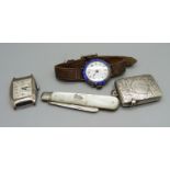 Two silver wristwatches including Benson, 24mm case, a silver penknife and a silver vesta case, (