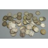 Fifty silver 3d coins, Victorian to 1920, 68.9g