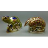 Two Royal Crown Derby paperweights, Armadillo and Chameleon, gold stoppers, red printed marks and