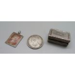 A silver vinaigrette, inner cover a/f, a silver florin and a silver stamp pendant