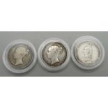Three Victorian shillings, two bun heads, 1866 and 1855, and one veiled head, 1887