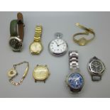 A collection of watches including a Casio Edifice head, Guess, Smiths pocket watch, Ingersoll, etc.
