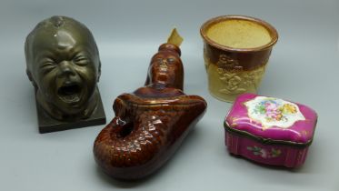 A metal bust of a baby crying, a salt glaze plant pot, continental box, hinge a/f and an earthenware
