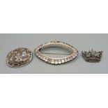 Three brooches; silver crown and marcasite, paste set and hardstone set