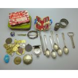 Assorted items; rings, spoons, other jewellery and a travel manicure set