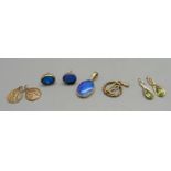 Three hallmarked 9ct gold charms, 2g, an opal pendant and earrings, a/f, and earrings lacking hooks
